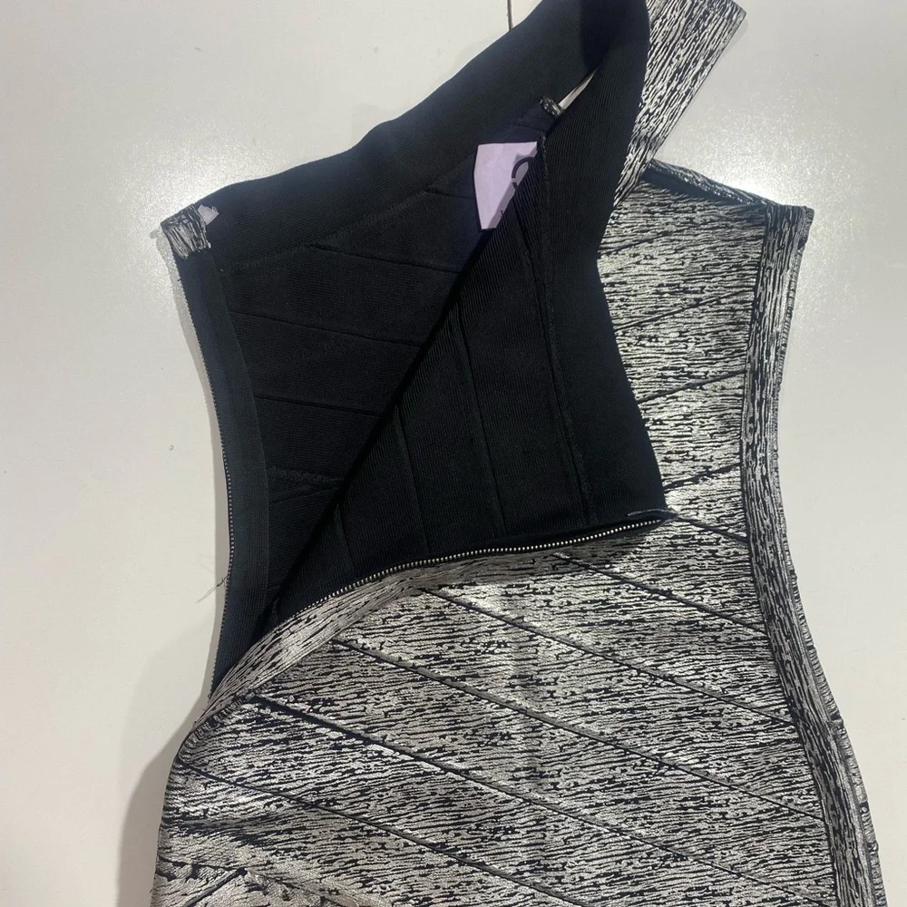 JS‎ Collections Black Metallic Silver Painted One Shoulder Bandage Bodycon Dress